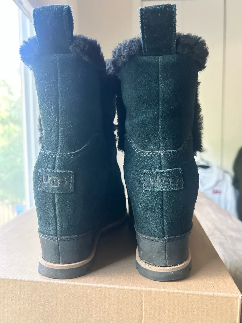 UGG Mavella Black Suede Shearling Wedge Ankle Boot.  Sz 9.